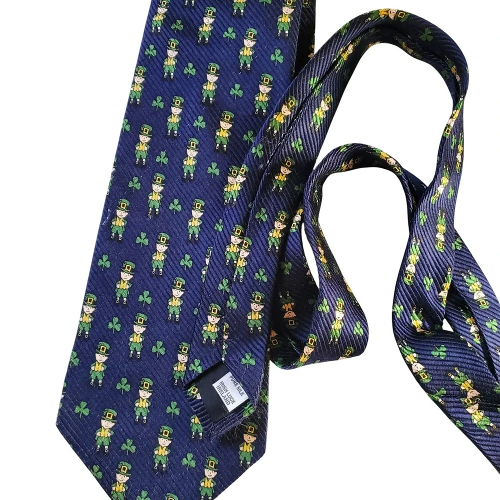 Irish Luck Ireland Pure Silk Tie Navy Blue Leprechaun Shamrock St Patricks Day